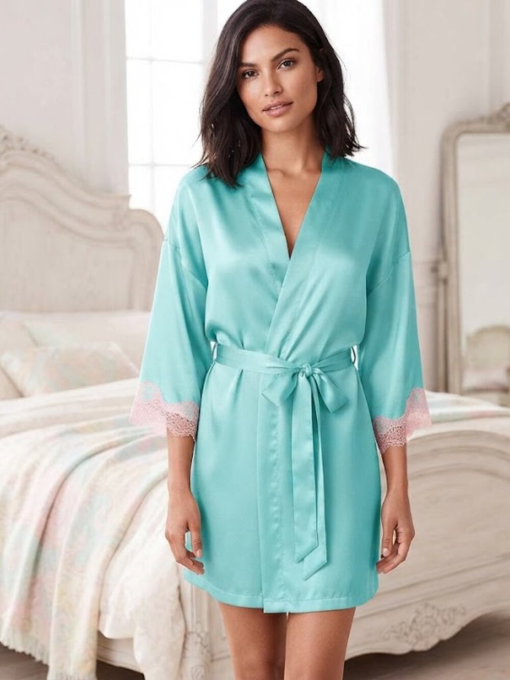 Victoria’s Secret Aqua Satin Robe w Pink lace xs/s